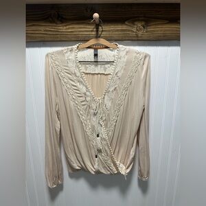 Alya Lace Trimmed Beige Faux Wrap Tie Blouse Sz S boho